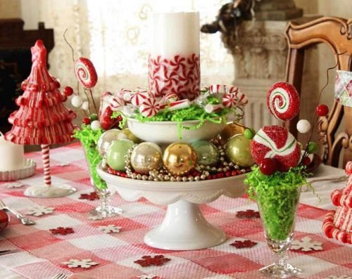 новогодний декор стола конфетами